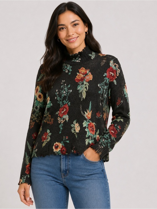 R13 Sweaters - R13 distressed 100% cashmere Black Floral Mock Neck Sweater M